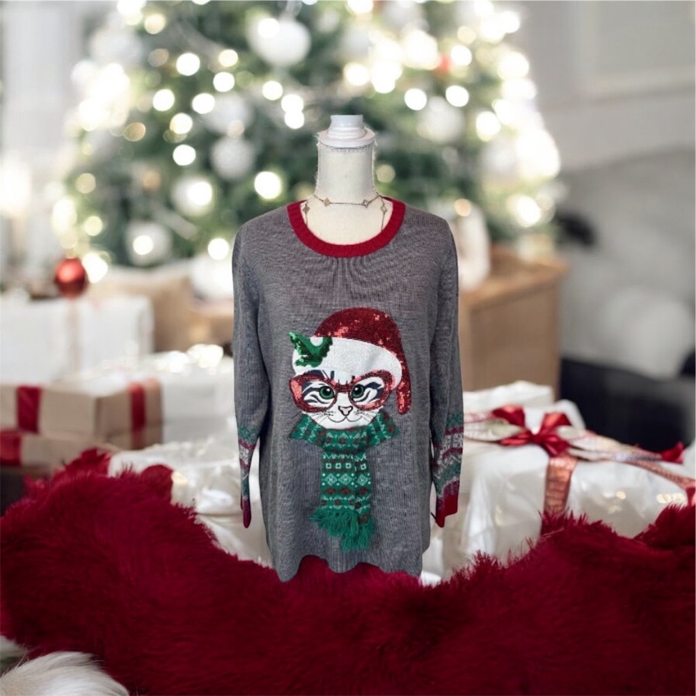Christmas Sweater Womens Cat Theme Size 1x Plus Gray Red Knit Christmas Sequins